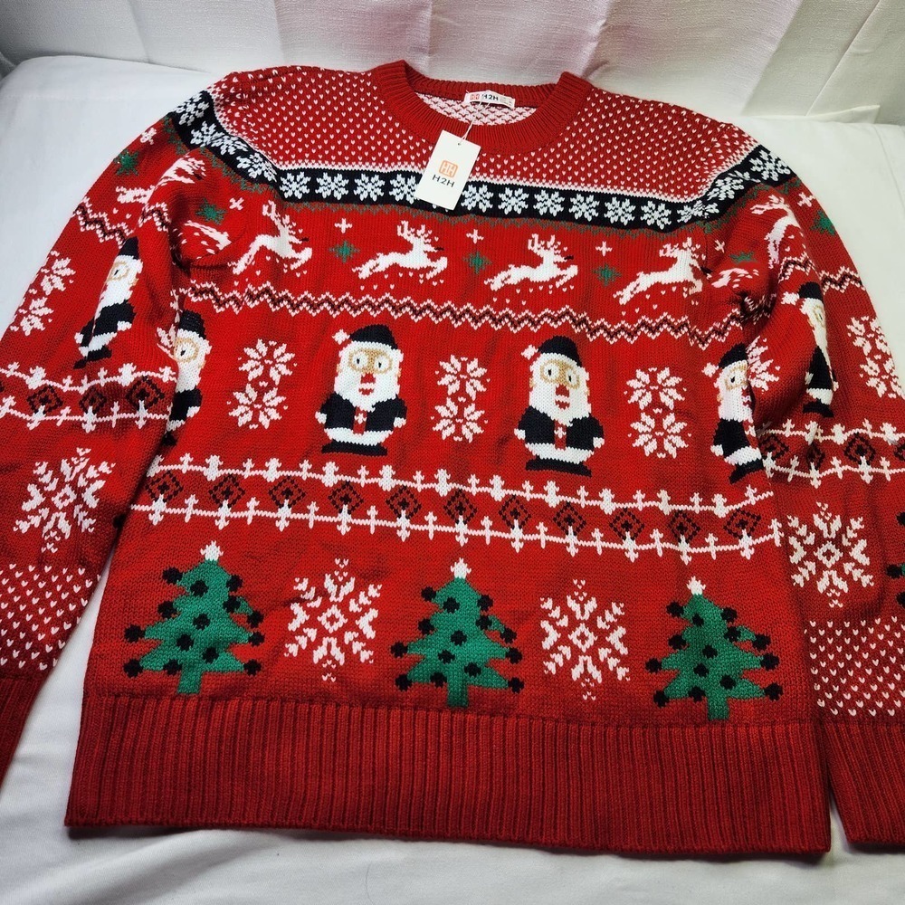 H2H Christmas Knit Sweater Adult Size Large Red White Holiday Print Ugly Sweater